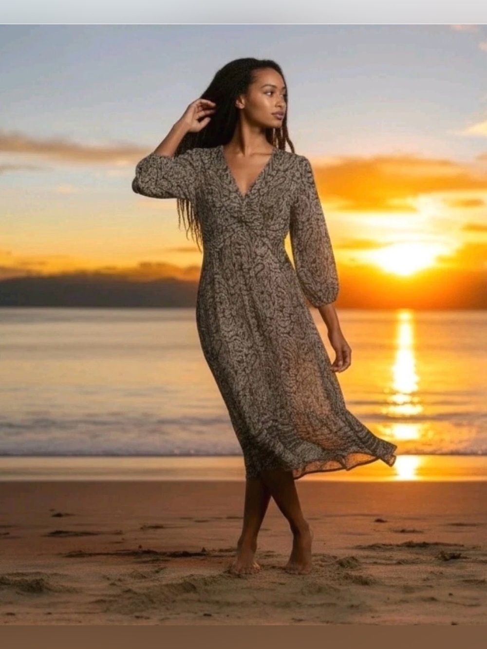 Zara Boho Paisley Midi Dress Brown V Neck Long Sleeve XS Brand New